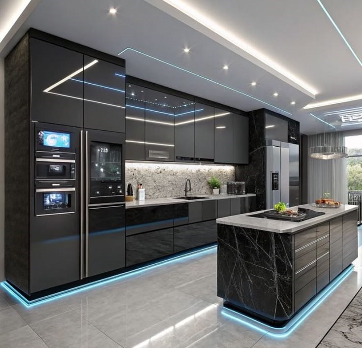 Modern smart kitchen with built-in appliances and sleek cabinetry