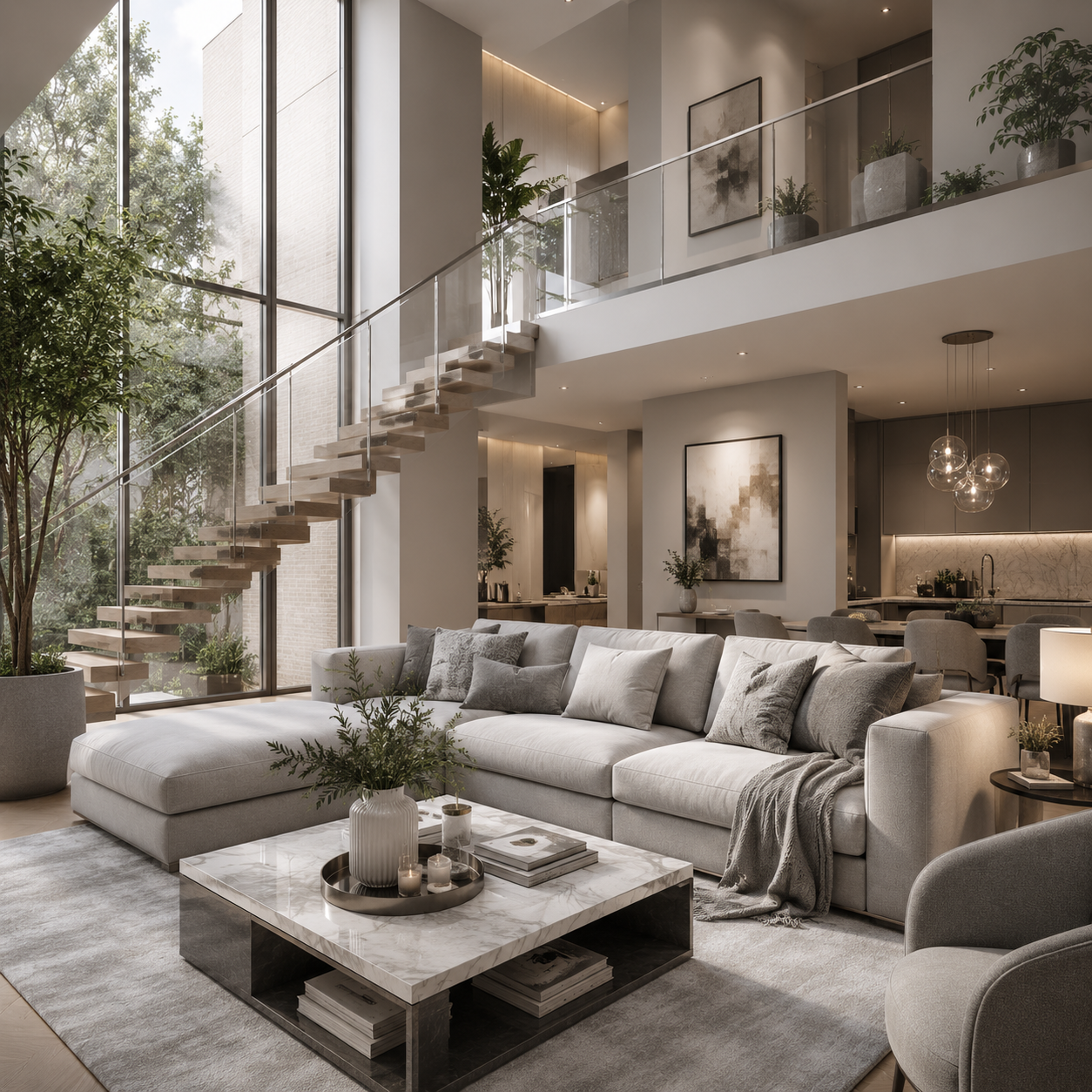 Luxury grey living room with modern furniture, floating staircase, and elegant interior design.