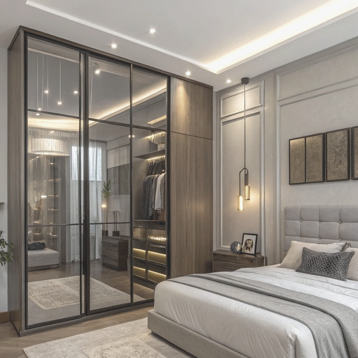 Luxury modern bedroom featuring a comfortable upholstered bed, elegant furniture, warm ambient lighting, soft neutral tones, and sophisticated interior décor.