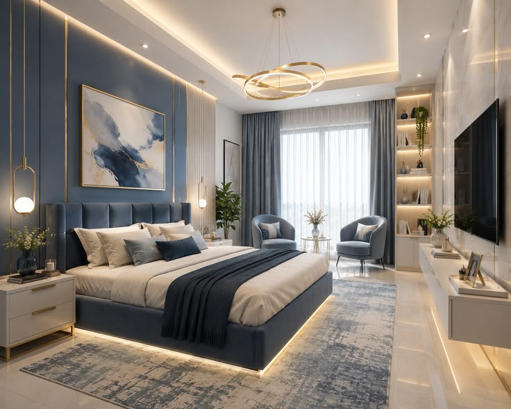 Luxury modern bedroom with elegant furniture, soft lighting, and premium interior décor