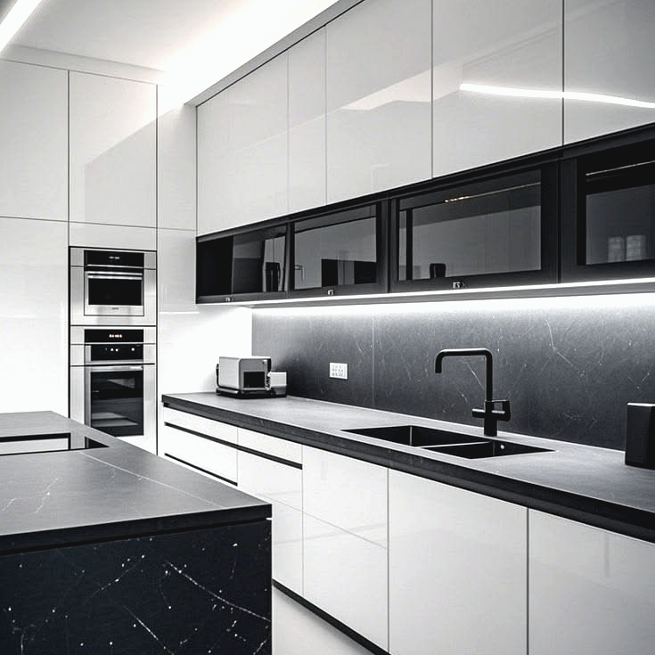Modern luxury kitchen design featuring sleek cabinetry, premium appliances, elegant countertops, warm lighting, and a functional contemporary layout
